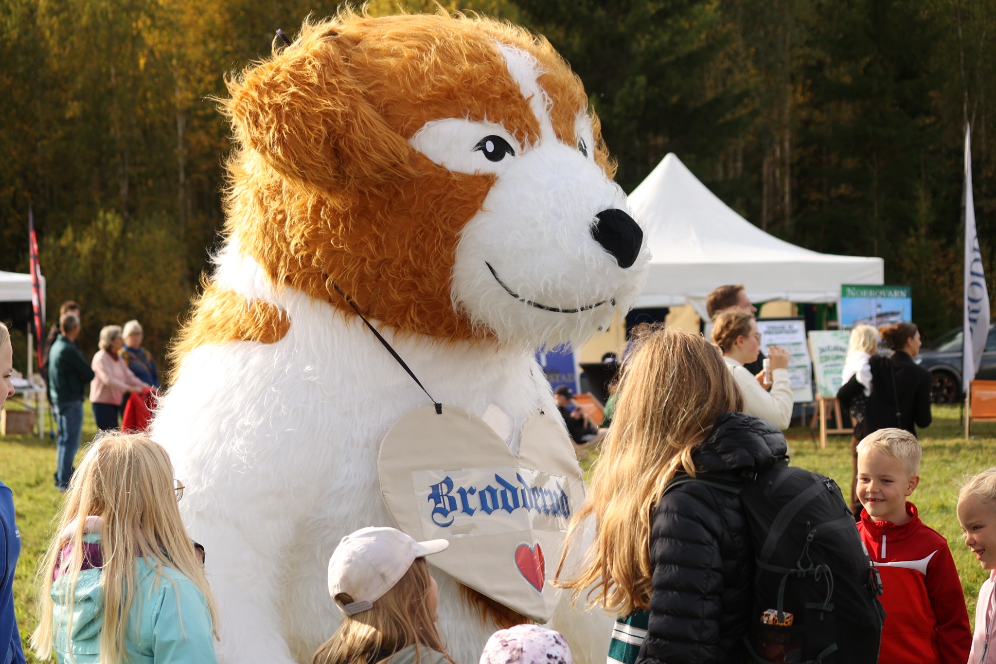 Hundmaskoten Hasse med Brodderuds hjärtskylt och besökare på E20-loppet